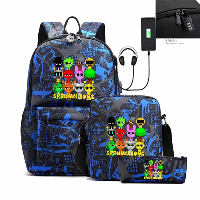 3Pcs New Sprunki Anime Print Backpack Set With Tote and Shoulder Bags, Large Capacity Lightweight And Breathable Outdoor Mochila