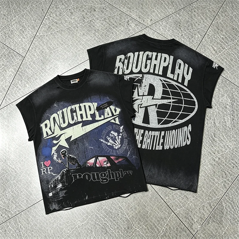New Rough Play Men Oversized T Shirt Black Washed Distressed Rhinestone Skeleton Classic Car Print Street Basic Sleeveless Tank
