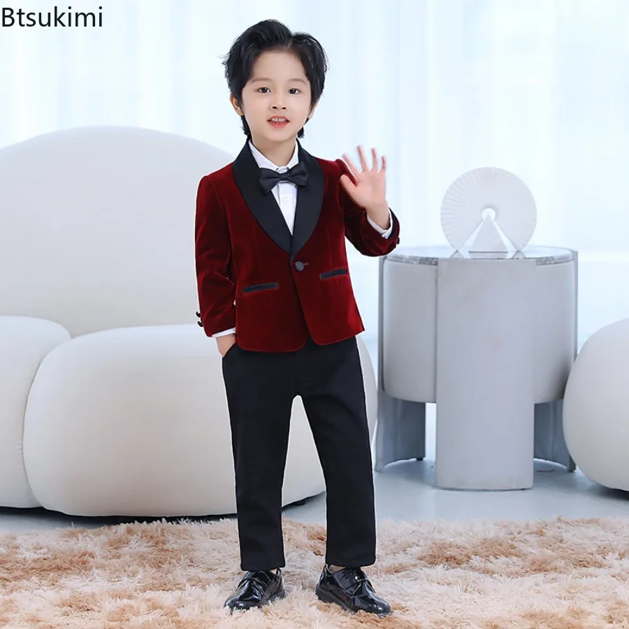 Baby Boys Formal Suit Set Child Birthday Dress Wedding Party Photography Piano Recital Costume Kids Blazer Pants Bowtie Outfit