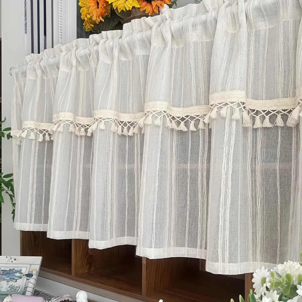 1PC Japanese Linen Vertical Stripe Cafe Curtain with Beige Tassel Lace Valance Rod Pocket, for Villa Cabin Kitchen Living Room