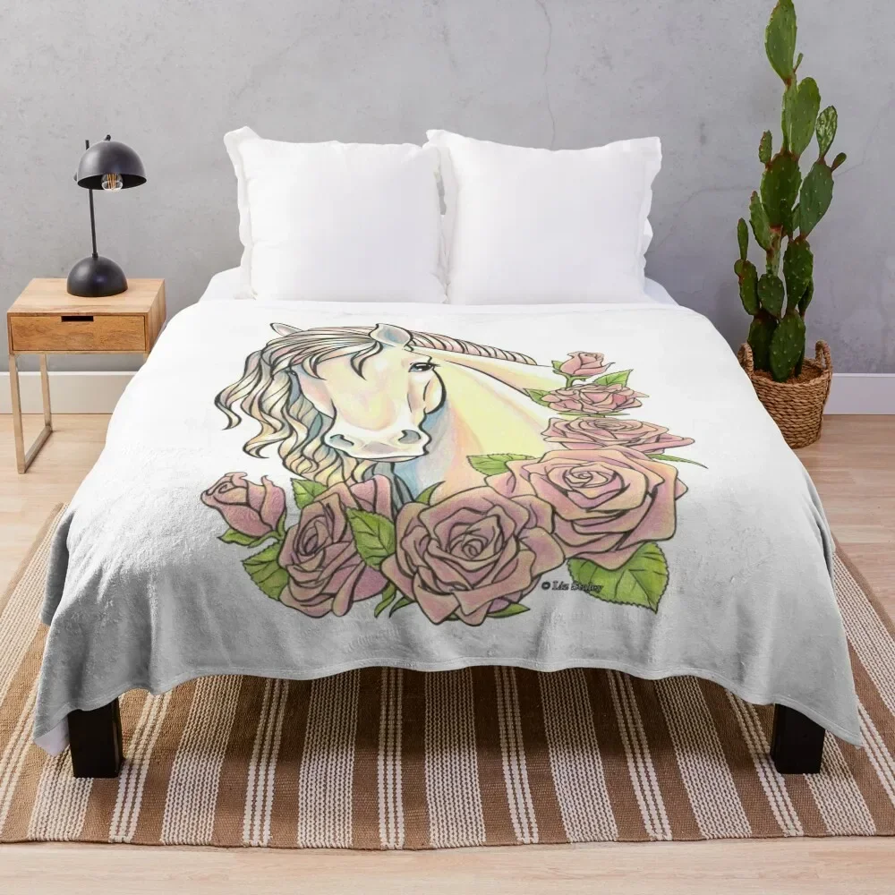 

Pearl Horse with Pink Roses Throw Blanket Quilt Vintage Flannel Hairy Blankets