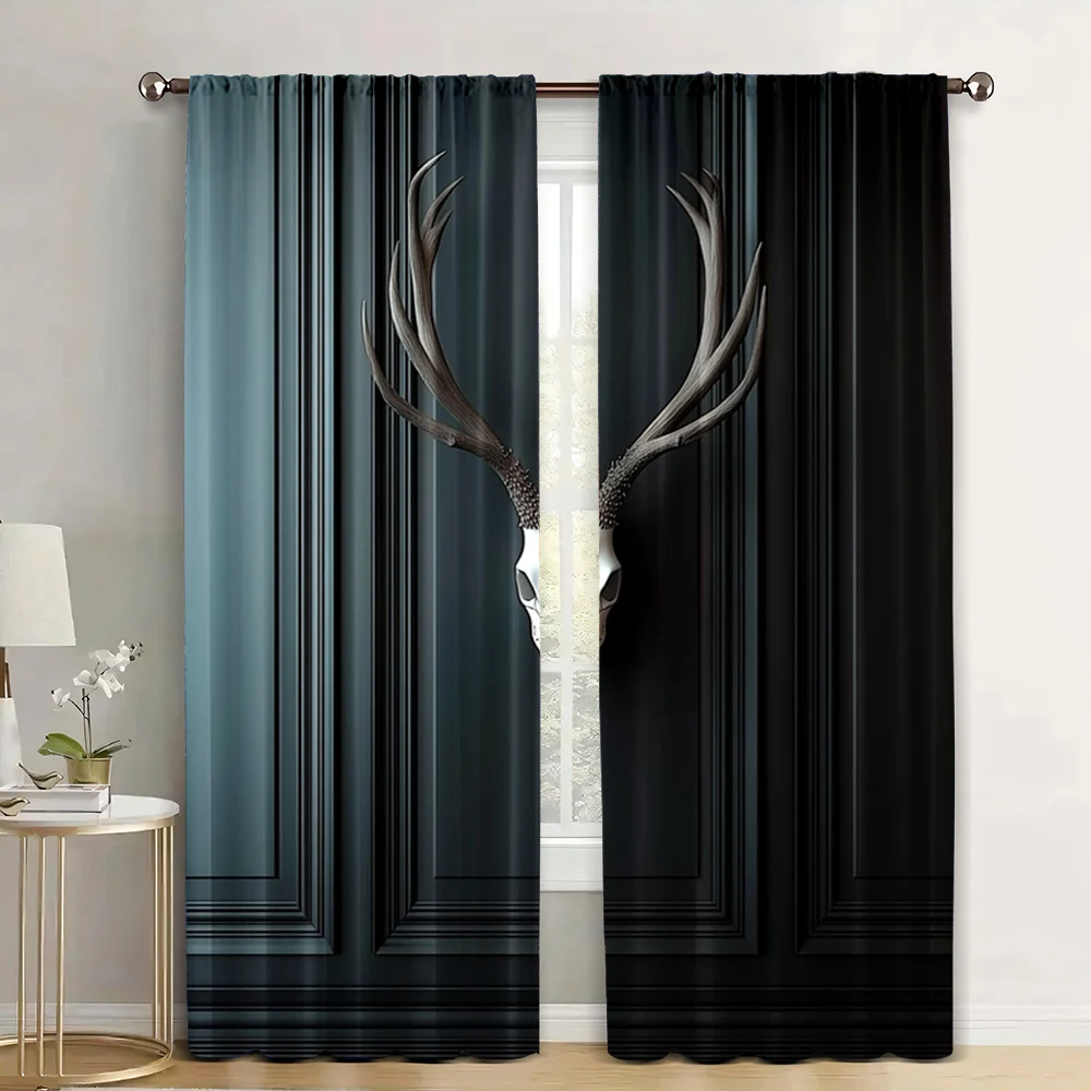 

2Pcs Antlers Curtains Deer Skull With Horns On A Wooden Wall Pattern Curtains For Living Room Bedroom Decor_ai12