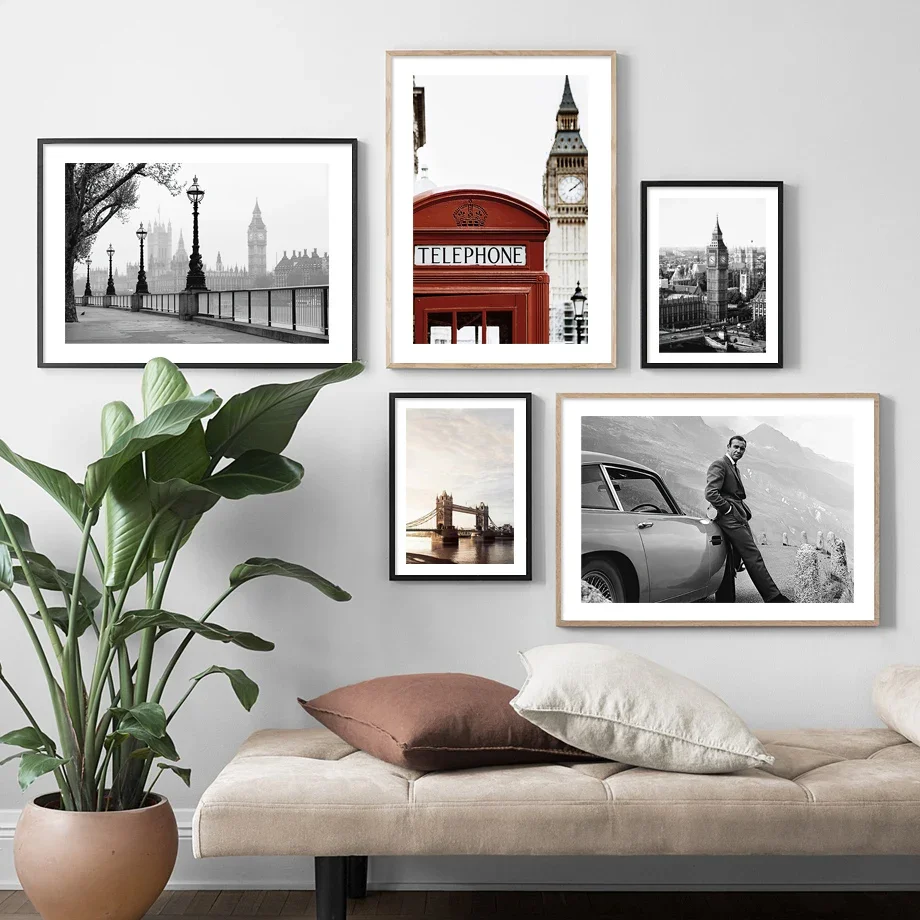 1PC frameless decorative art print,Black White London Landmarks Canvas Wall Art Print - Tower Bridge & Big Ben Telephone Booth -