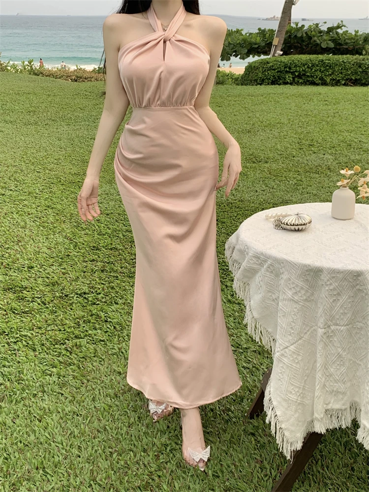 Topanoma Wedding Party Evening Dresses Women Halter Satin Sleeveless Hollow Out Elegant Cocktail Prom Dress Banquet Bridesmaids