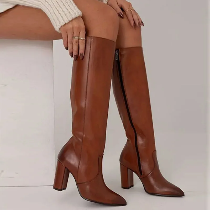 

Brown Western Boots Women Winter High Heels Big Size Shoes Side Zip Pointed Knee High Boots Botas Mujer