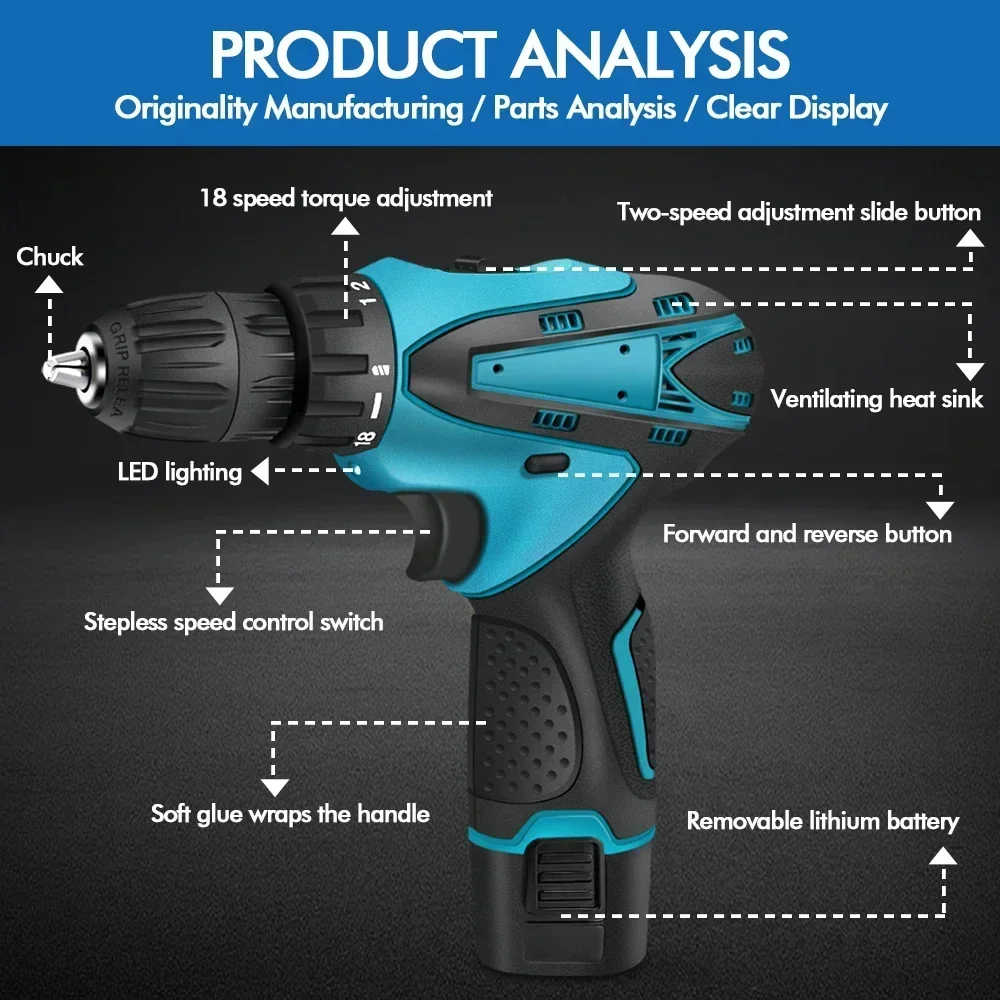 Electric Impact Drill 32N. m Multi-function Electric Screwdriver Wireless Harmer Drill Power Tool For  12V Battery