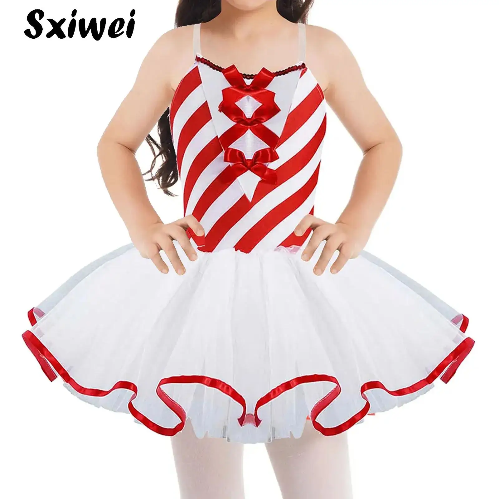 

Girls Candy Cane Costumes Christmas Party Dance Dress Sequins Mrs Santa Claus Dress Up Skating Ballet Tutu Leotard Dancewear