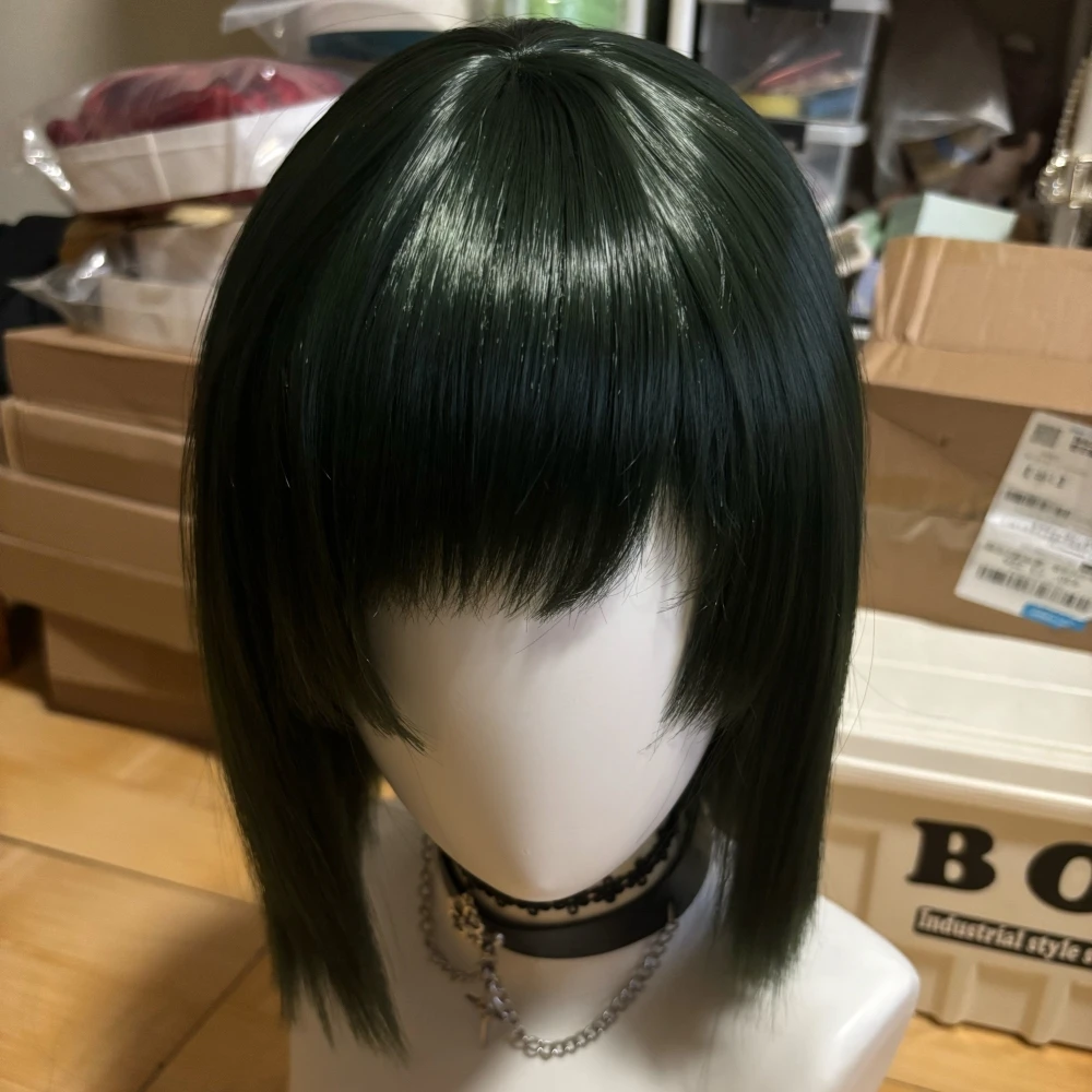 Anime Haku Cosplay Wig Dark Green Short Hair Heat Resistant Synthetic Fiber Wig with Rose Net Cap Halloween Party Cosplay Wig