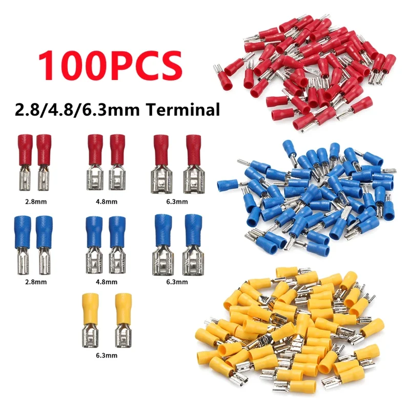 100/50/10Pcs 2.8mm 4.8mm 6.3mm Insulated Seal Spade Wire Connector Female Crimping Terminals Electrical Crimp Terminal Splices