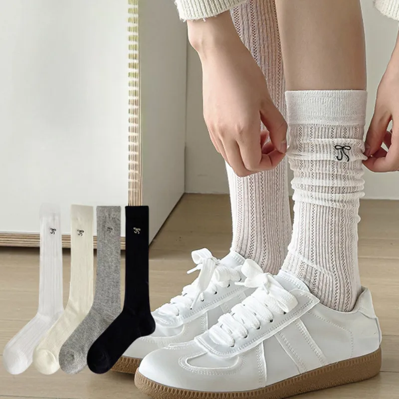 Ballet Style Embroidery Bow Light Stacking Socks Women Calf Sock Summer Thin Korean Version Breathable Knee High Pile Stockings