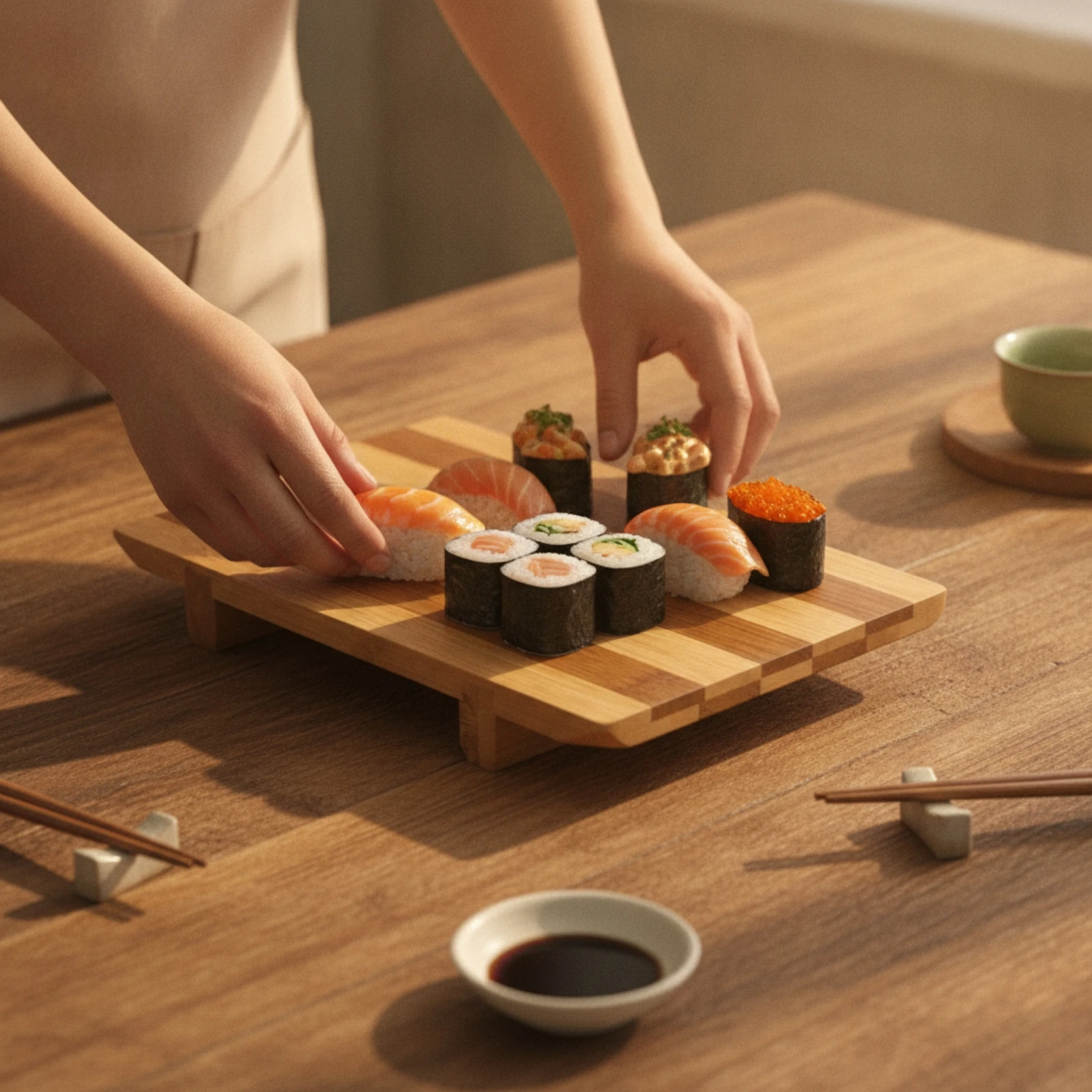 Japanese-Style Bamboo Sushi Serving Stand Compact Four-Legged Bamboo Food Serving Stand Lightweight Sturdy