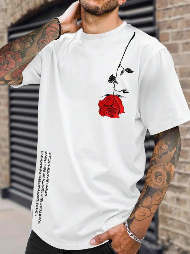 2025 New 3D Rose And Alphabet Print Men's Fitness T-shirt Urban Fashion Men's Short-sleeved Top Summer Everyday Casual Men's Top