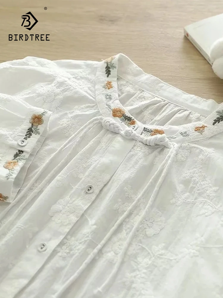 New Summer Cotton 3/4 Sleeve Shirts Stand Embroidery Tops Mori Girl Casual Loose Retro Commute OL Blouse 2024 Autumn T46843QC