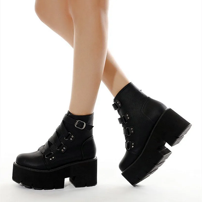 Punk Style Chunky High Heel Ankle Boots Women Cross Strap Platform Boots for Women Winter Non-slip Waterproof Warm Biker Botines