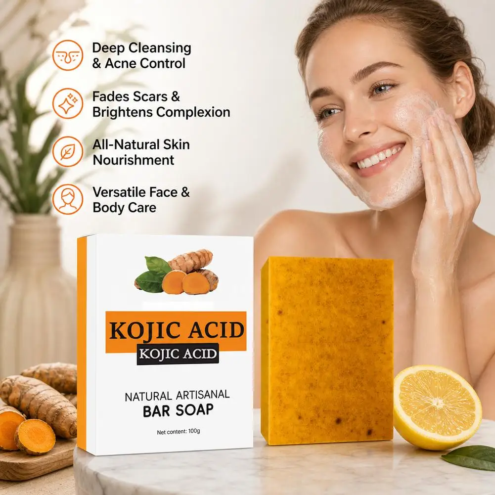 100G Turmeric Handmade Soap Kojic Acid Lemon Bar Soap Brightening Cleansing Exfoliating Skin Care Bar Body Facial Wash Soap