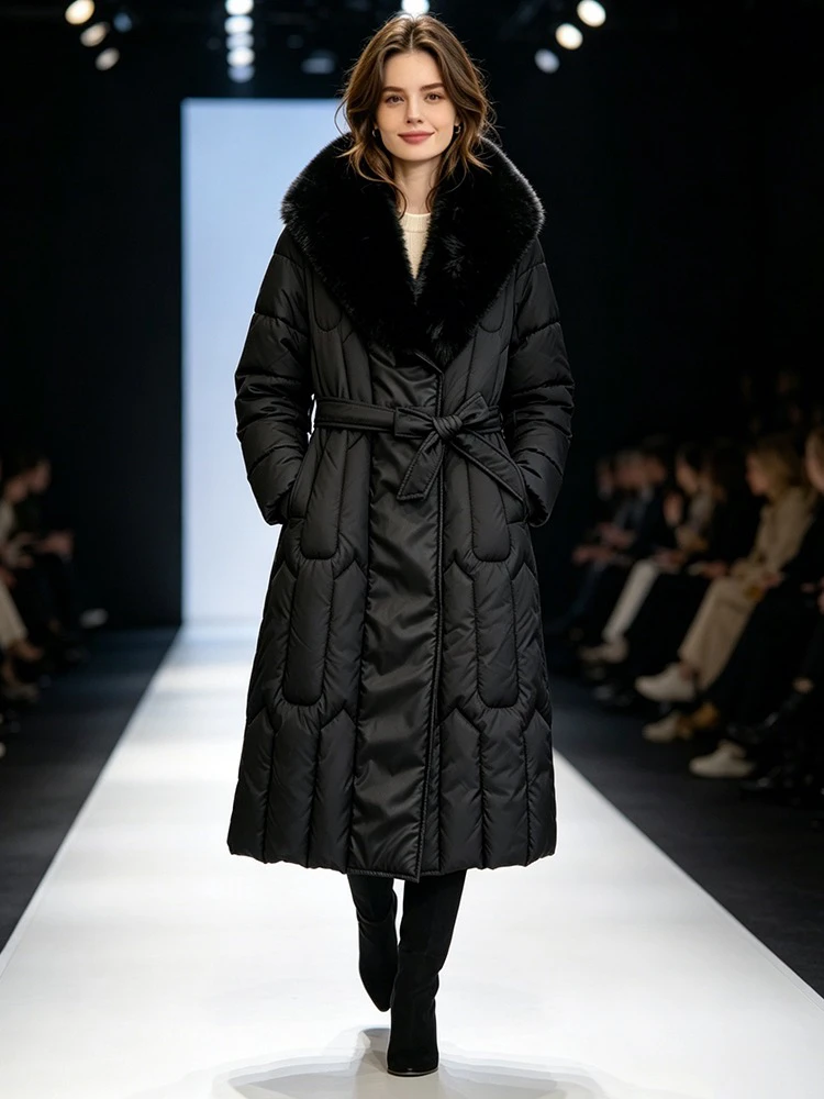 Large Women's Winter Jacket Big Fur Collar Waist Cinching Slimming Light Luxury Jacket Cotton Jacket Over The Knee Cotton Jacket