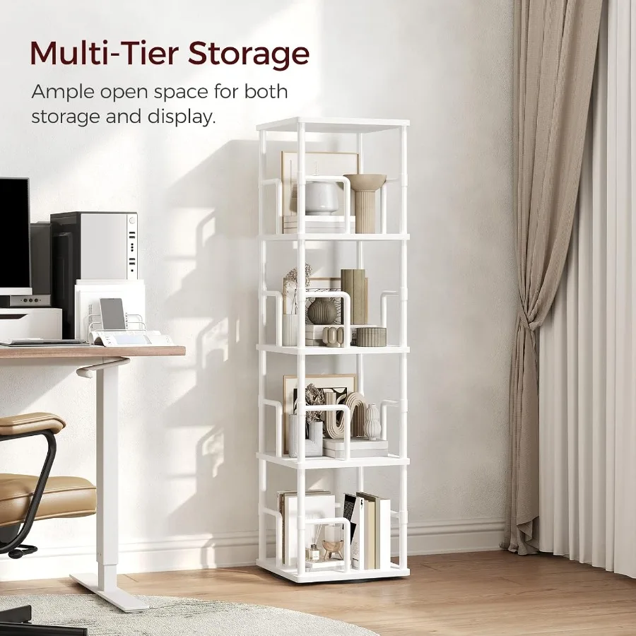 رف كتب دوار مكون من 4 طبقات رف كتب زاوية قائم بذاته مع وظيفة دوارة 360 درجة رف تخزين على الطراز الصناعي يتميز بسلاسة