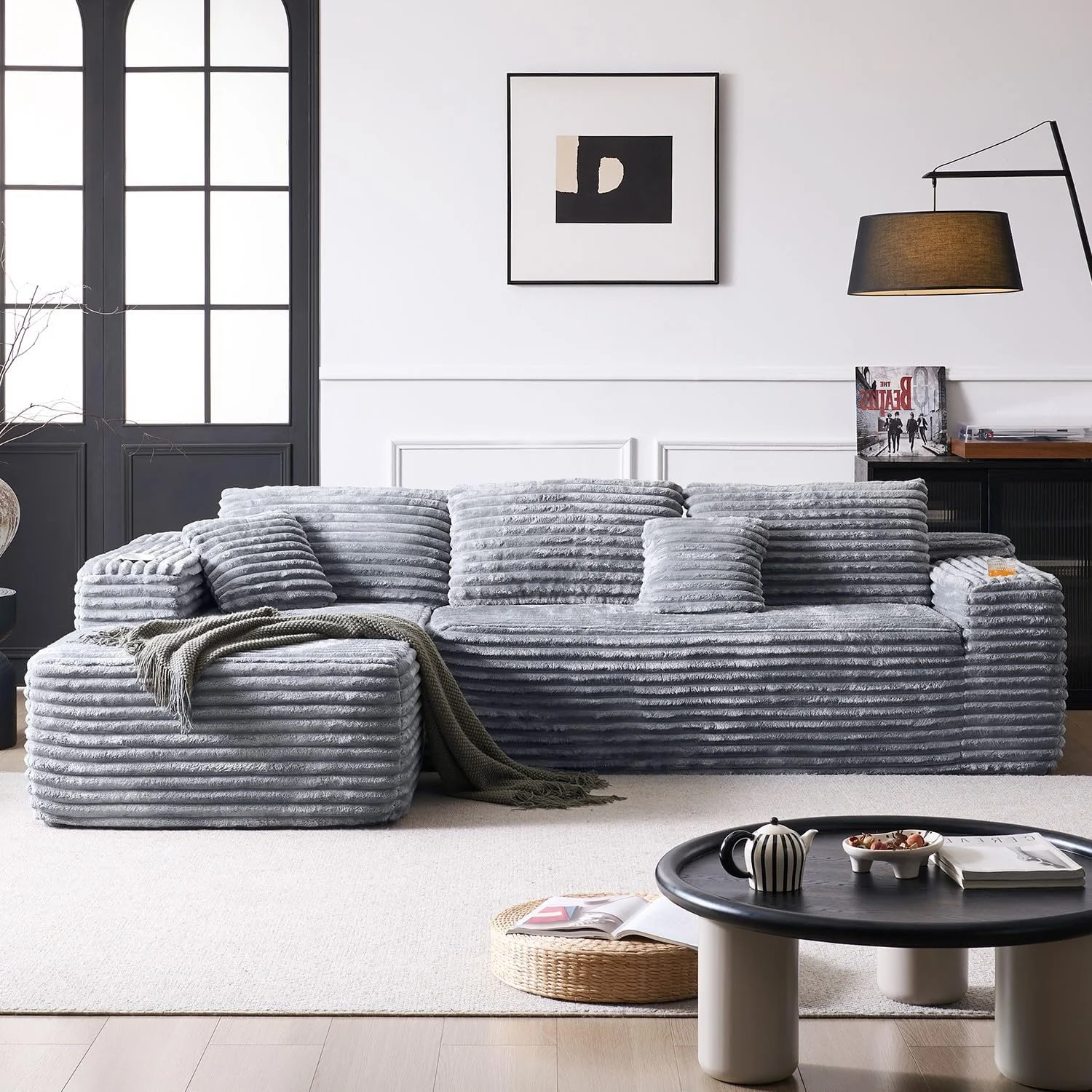 Grey Corduroy Corner Three Seat Modular Compressed Sponge Sofa with Vacuum Packaging for Hotel Apartment Use in Box