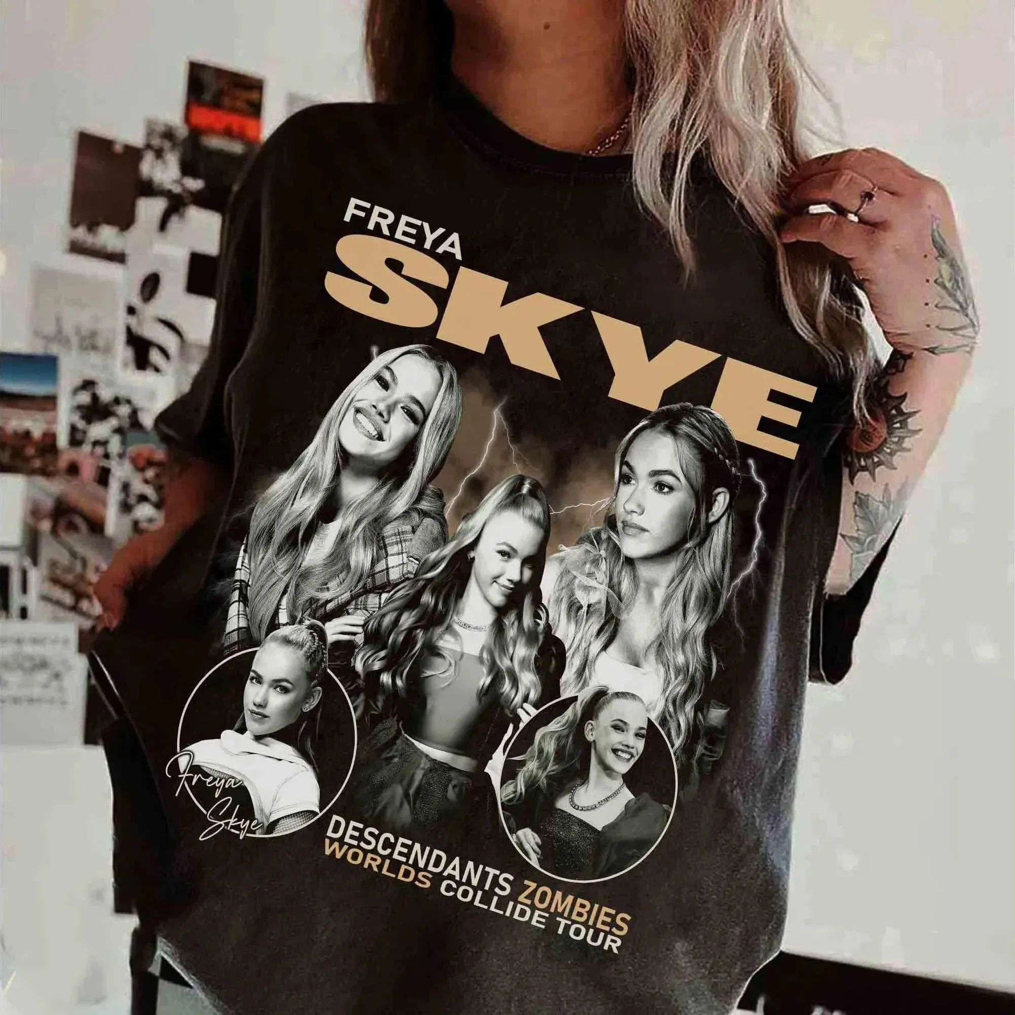 

Freya Skye 2025 Descendants Zombies Worlds Collide Tour Graphic Print T-shirt The Rise of Red Tee Concert Oversized Cotton Tee