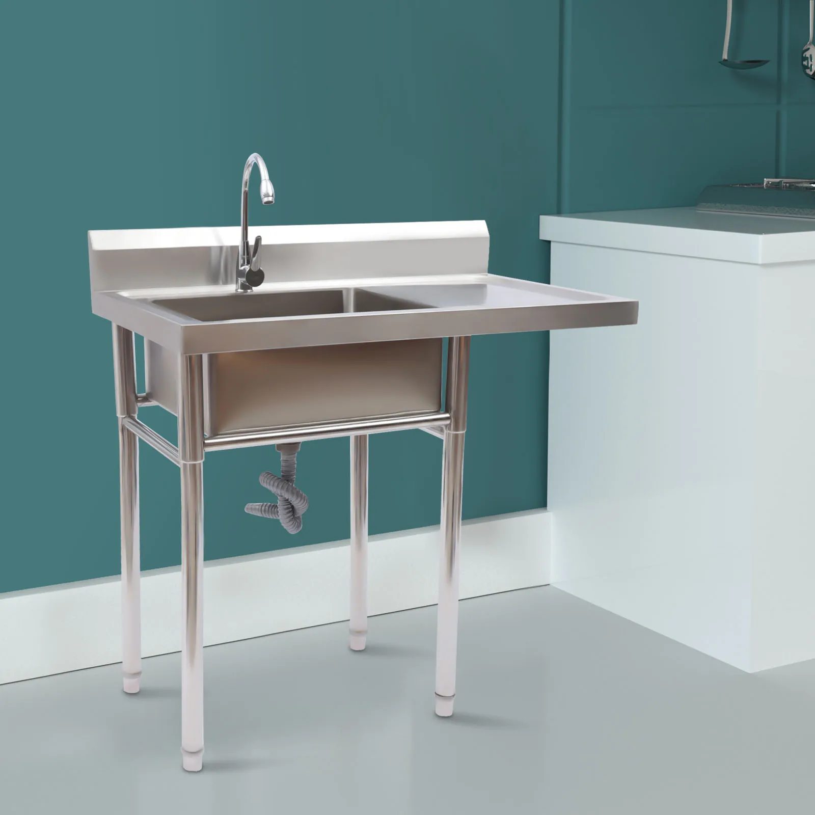 

99.82*59.94*93.22cm Stainless Steel Silver Utility Sink Workbench Sink Commercial Sink with R-Angle Design Rectangular