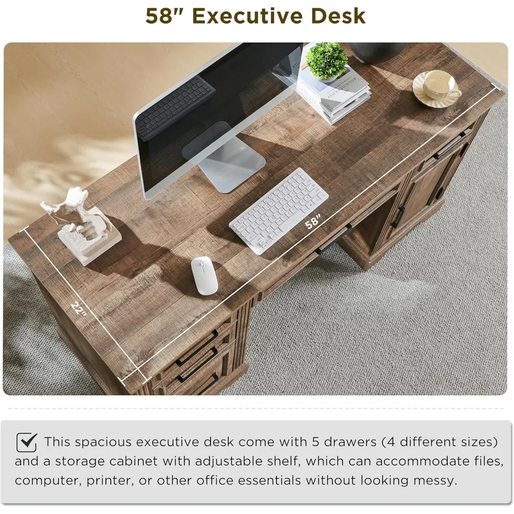 مكتب تنفيذي مقاس 58 بوصة، مكتب كمبيوتر المزرعة مع أدراج وخزانة، مكتب مكتب منزلي منقوش الملمس، مساحة عمل للعمل #3