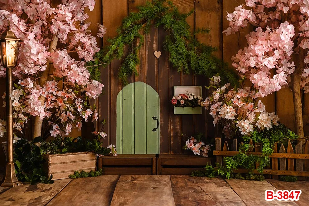 Spring Easter Kids Portrait Photography Backdrop Flowers Colorful Eggs Bunny Wood Door Grass Birthday Party Photocall Background