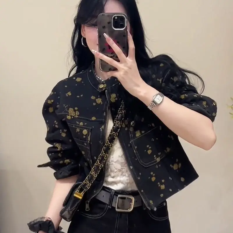 2026 Autumn Vintage Floral Print Denim Jacket Women Short Casual Chic Cropped Coat Trendy Streetwear Tops