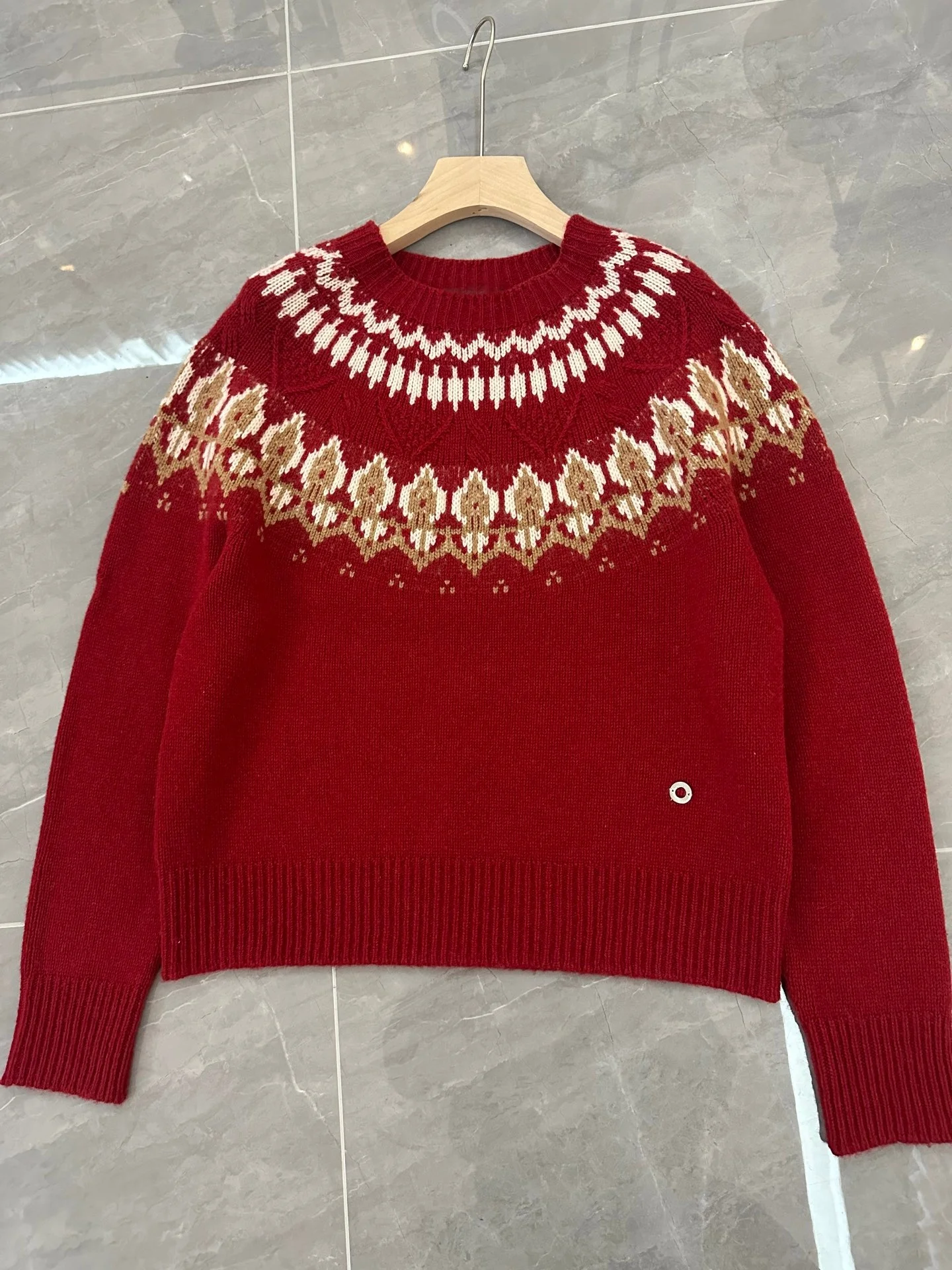

Wool Cashmere Blend Women Red Sweater Geometric Jacquard Long Sleeve O-Neck Fashion Female Knitted Pullover