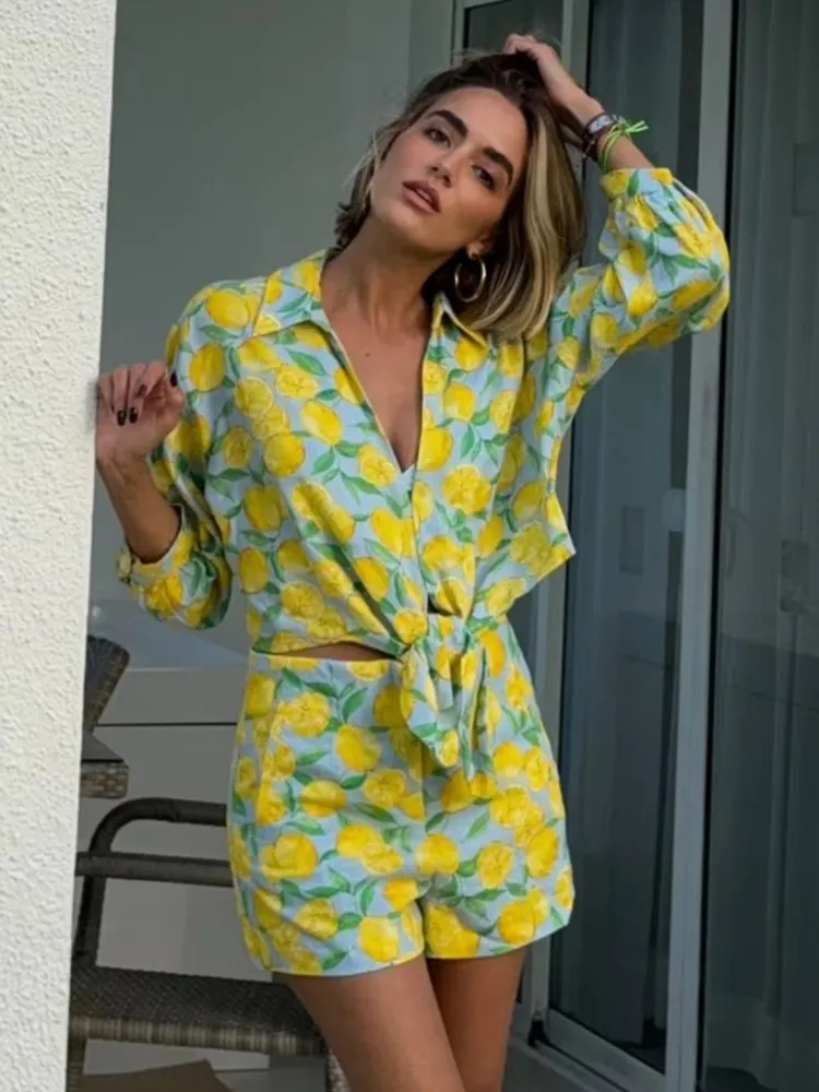 

Printed Shorts Sets For Woman 2025 Summer New Deep V-neck Short Tops+High Waist Shorts Casual Embroidered Two Peice Sets Outfit
