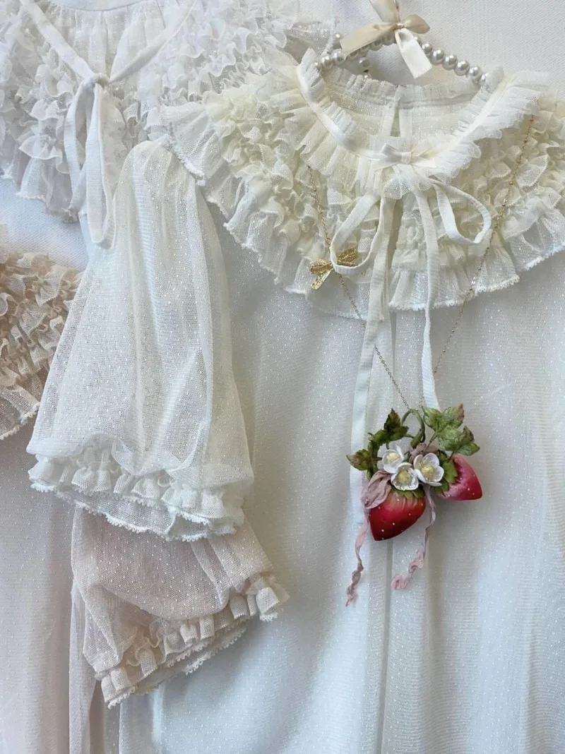 Japanese Rojita Sweet Style Short Sleeved Dot Gauze Stand Collar Puff Sleeves Inner Shirt Pullover Top Y2k Kawaii Blouse Ladies