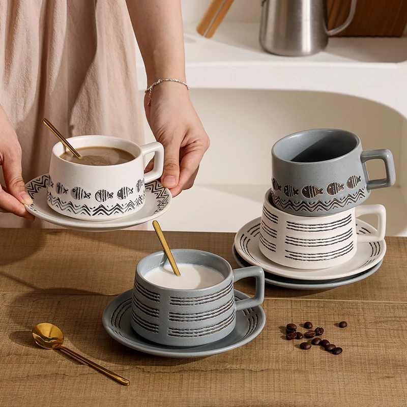 Japanese Striped Coffee Cup Set Creative Rough Pottery Garland Water Cups Simple Household High-end Exquisite Breakfast Cup