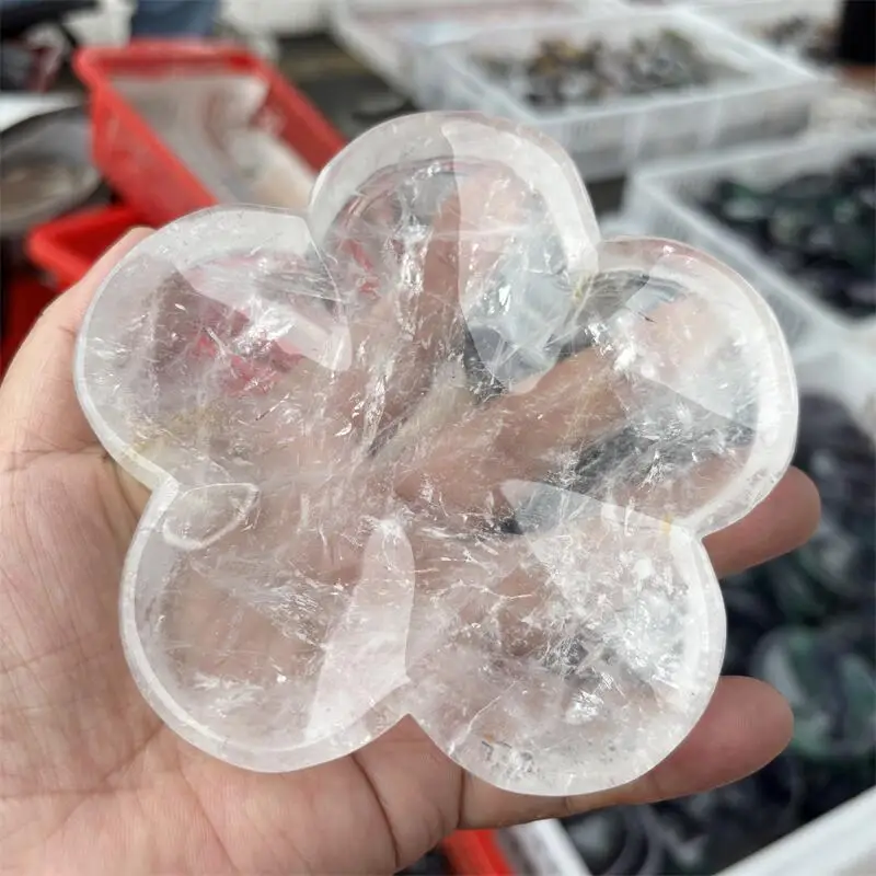 Natural Clear Quartz Flower Bowl Carving Crystal Love Healing Fengshui Gemstones HomeDecoration Holiday Gift 1PCS