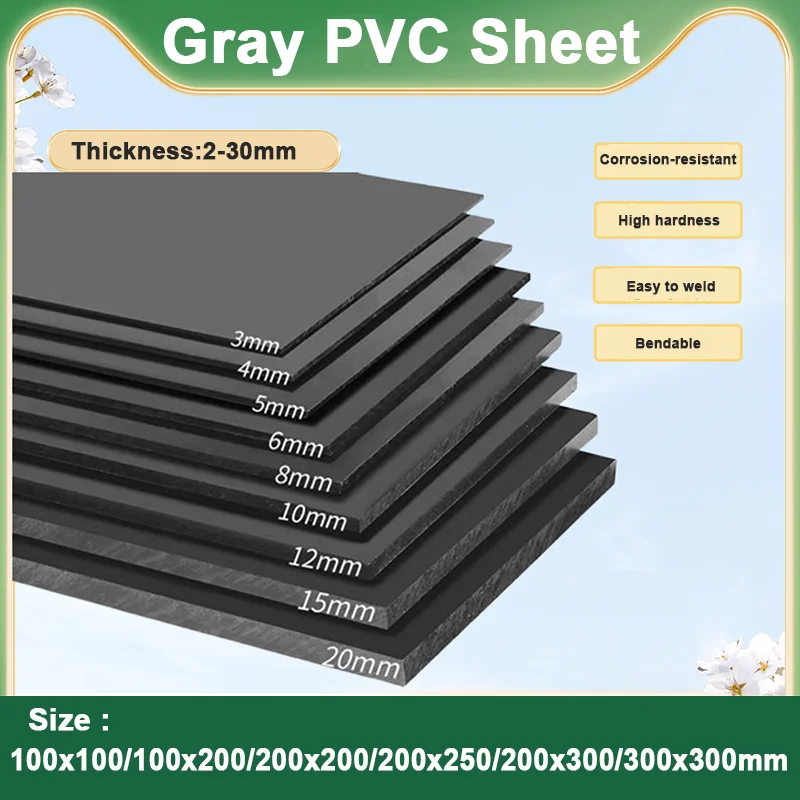 Hoja de PVC gris de 2/3/4/5/6/8 ~ 30mm de espesor, tablero de plástico de ingeniería, hoja dura de cloruro de polivinilo, 100x1 0/100x200/200x200/200x300mm