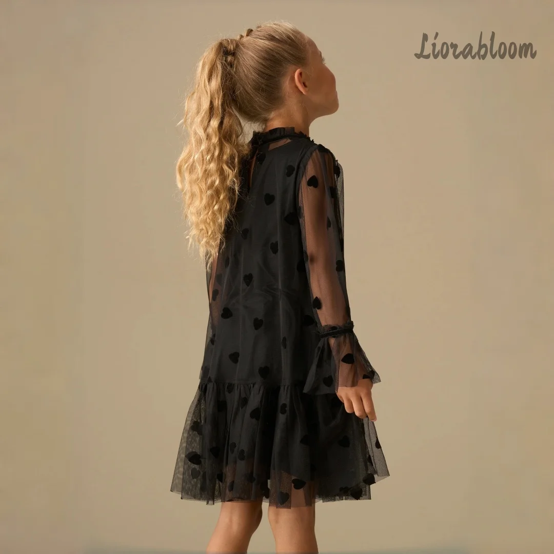 Abito Formale Personalizzato per Ragazze con Motivo a Cuore, Vestito da Principessa in Tulle con Colletto Bordato in Pizzo, Abbigliamento per Matrimoni e Feste