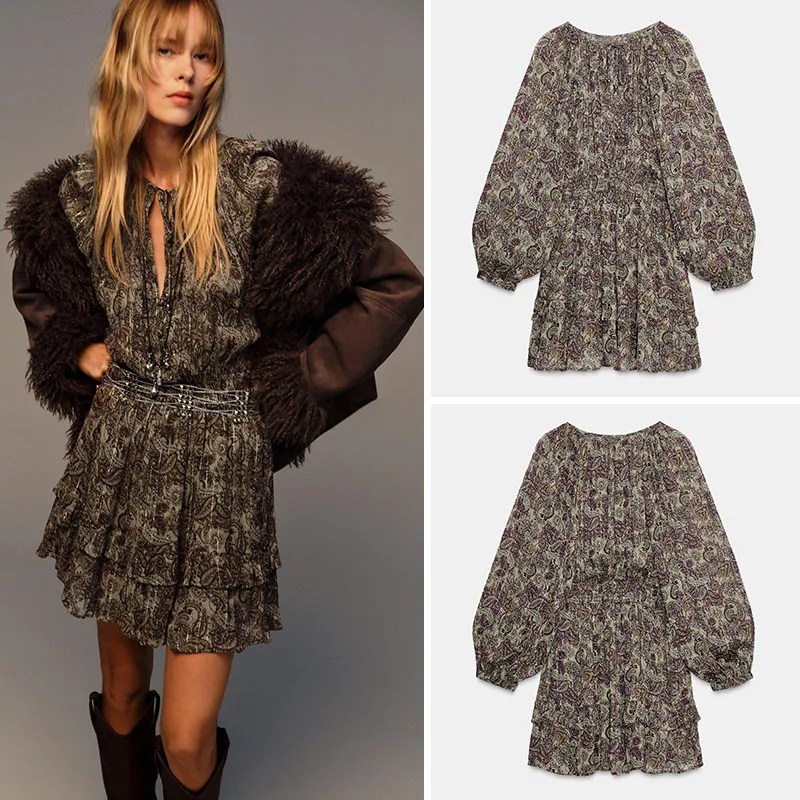 新着秋長袖メタルカラーラインプリントミニドレス女性のファッショナブルな民族衣装ステージパフォーマンスドレス