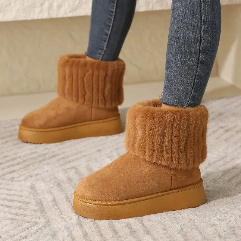 2024 Winter neue Frauen Schneeschuhe Mode Wildleder Plüsch warme Stiefeletten Wohnungen Plattform Damen Schuhe Botas