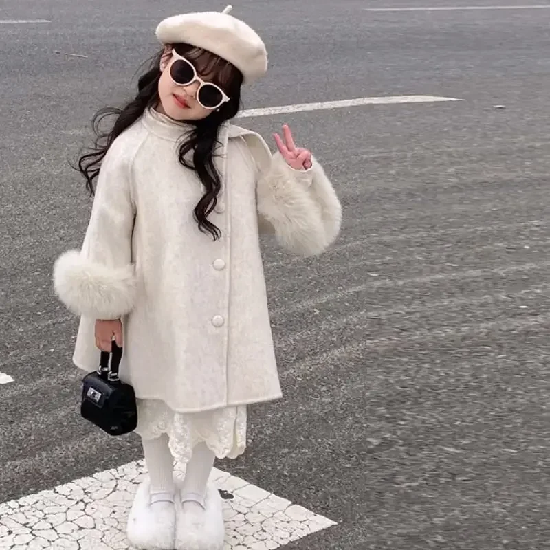 Girl Top 2023 New Autumn Winter Korean Fashion Style Woolen Overcoat Baby Girl Solid Mid Length Coat Children Thick Outerwear