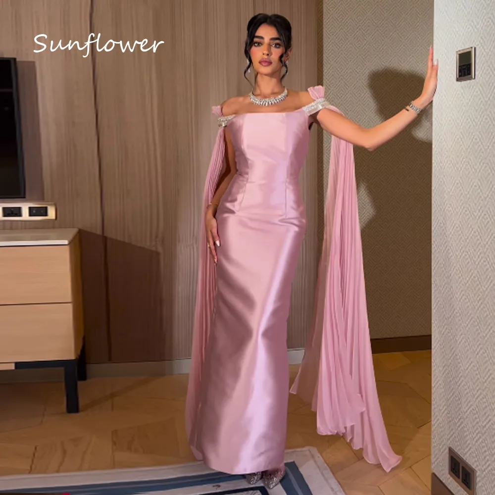 

Sunflower Pink Off The Shoulder Satin Mermaid Prom dress 2024 Slim Chiffon Long Sleeve Ocassion Gown Ankle-Length Evening Dress