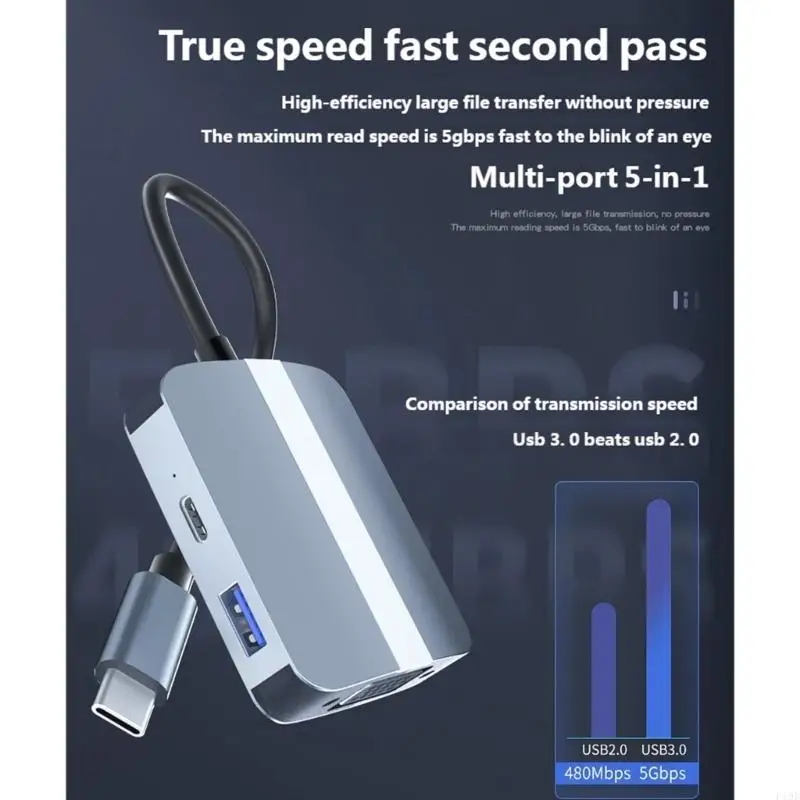 Адаптер USB C 5 в 1 Многофункциональный адаптер HDTV 3,5 мм VGA USB3.0 для передачи данных F19E