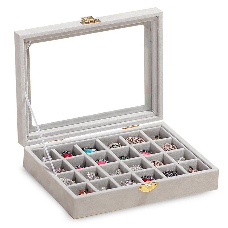 12/24Grids Velvet Jewelry Box with Glass Cover Rings Earrings Necklaces Organizer Display Holder Women Jewelry Storage Case