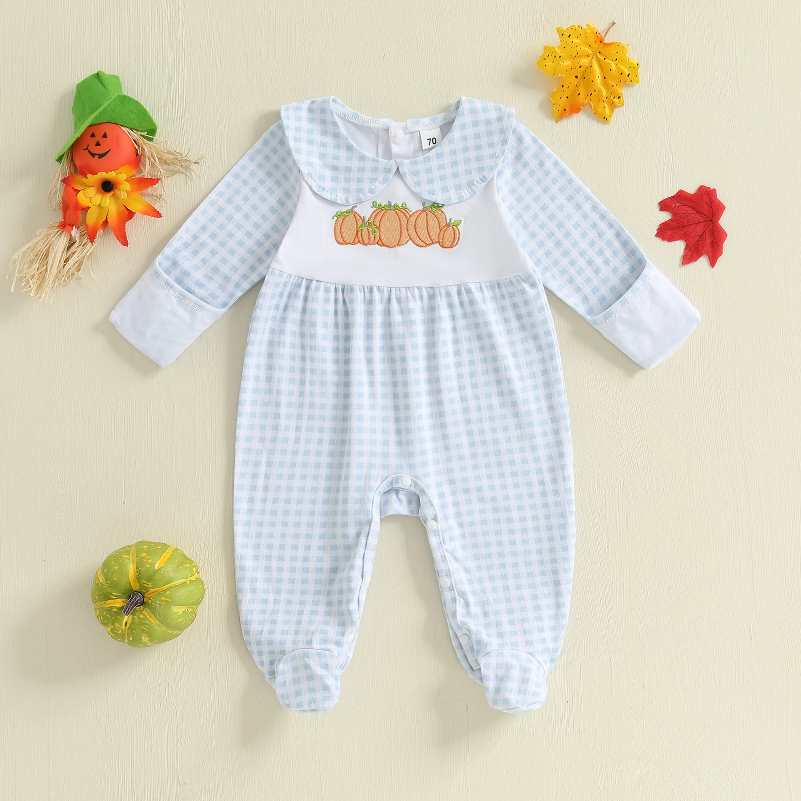 SUNSIOM 0-18 Months Baby Halloween Romper Pumpkin Embroidery Plaid Doll Collar Long Sleeve Footie Jumpsuit for Fall