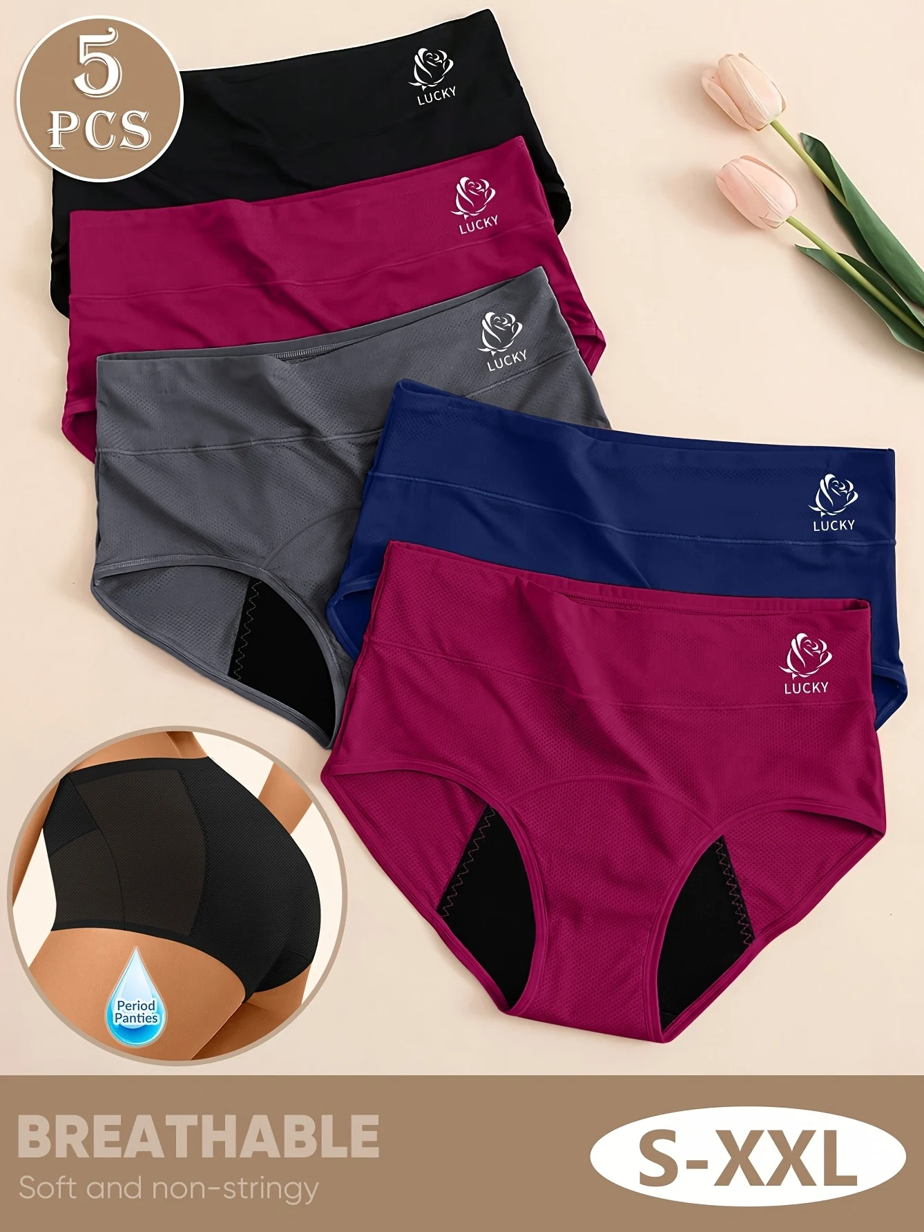 5-Pack MIOTAN Women's Menstrual Underwear - Leak-Proof Breathable Mesh Period Panties, Soft Stretch Non-Transparent Briefs for