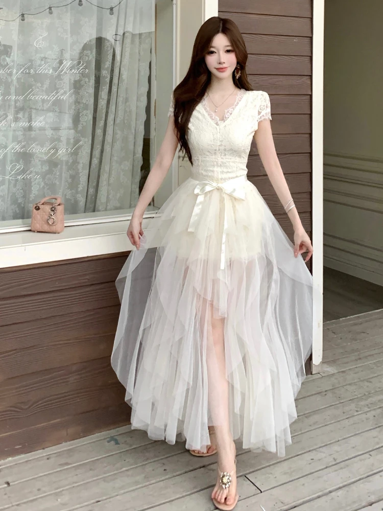 

Sexy Lace Short Sleeve V-Neck Bodycon Dress Mesh Belt Irregular Skirt Two-Piece Set for Young Women Summer Fashion