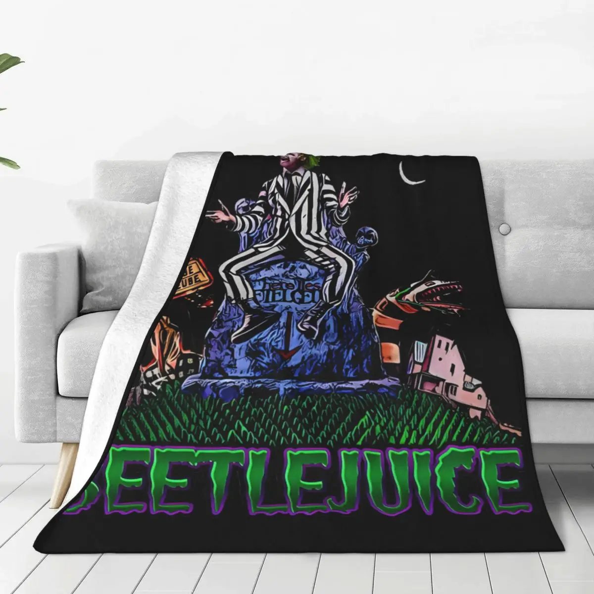 

B-Beetlejuice Spooky Movie Ghost Knitted Blanket Velvet Halloween Horror Lightweight Thin Throw Blanket for Car Sofa Couch Quilt