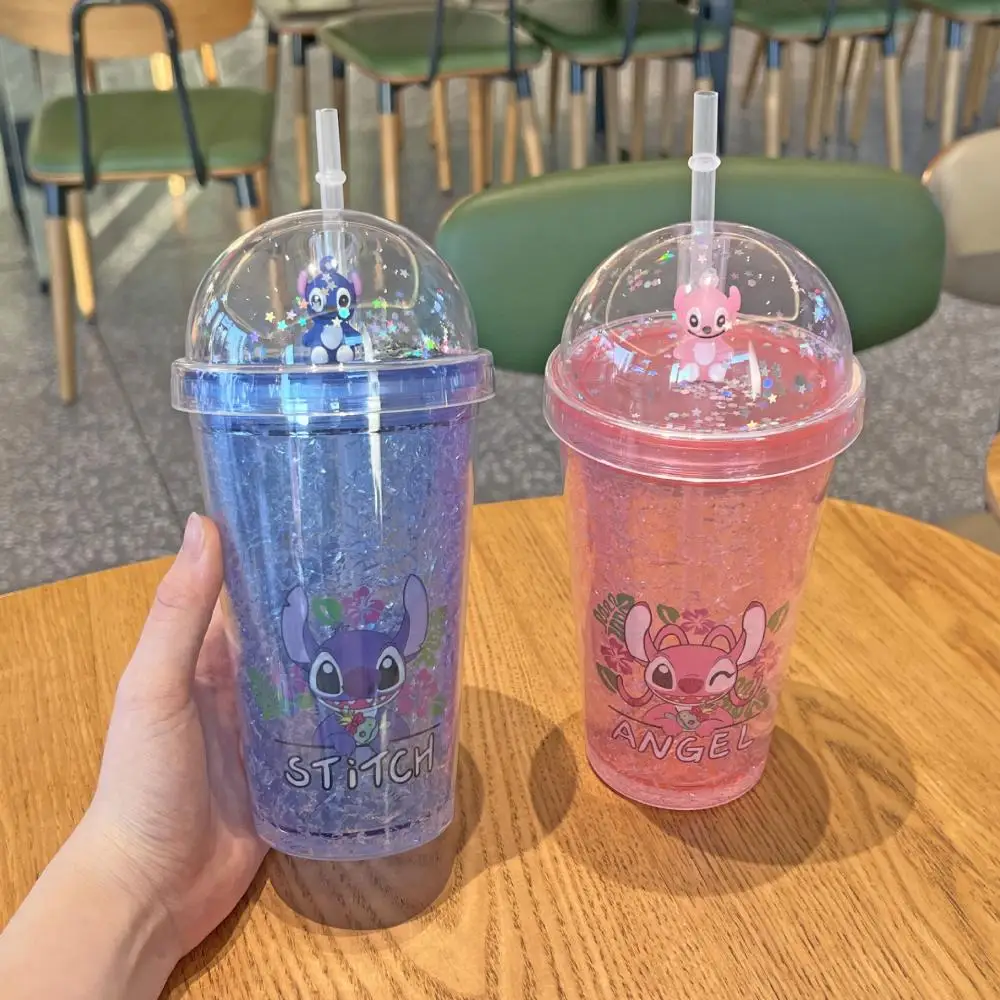 450ML Anime Stitch Straw Double-layer Cup Lilo&stitch Angel Couple Straw Cups Cartoon Girl Boy Portable Luminous Water Cup Gift