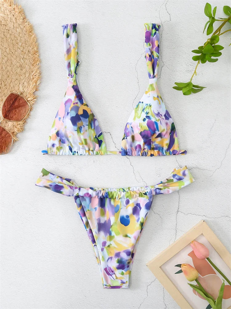 Micro Bikinis 2024 New Swimsuit Women High Waist Thong Swimwear Two-pieces Bikini Set Print Push Up Bathing Suit Summer Beach L