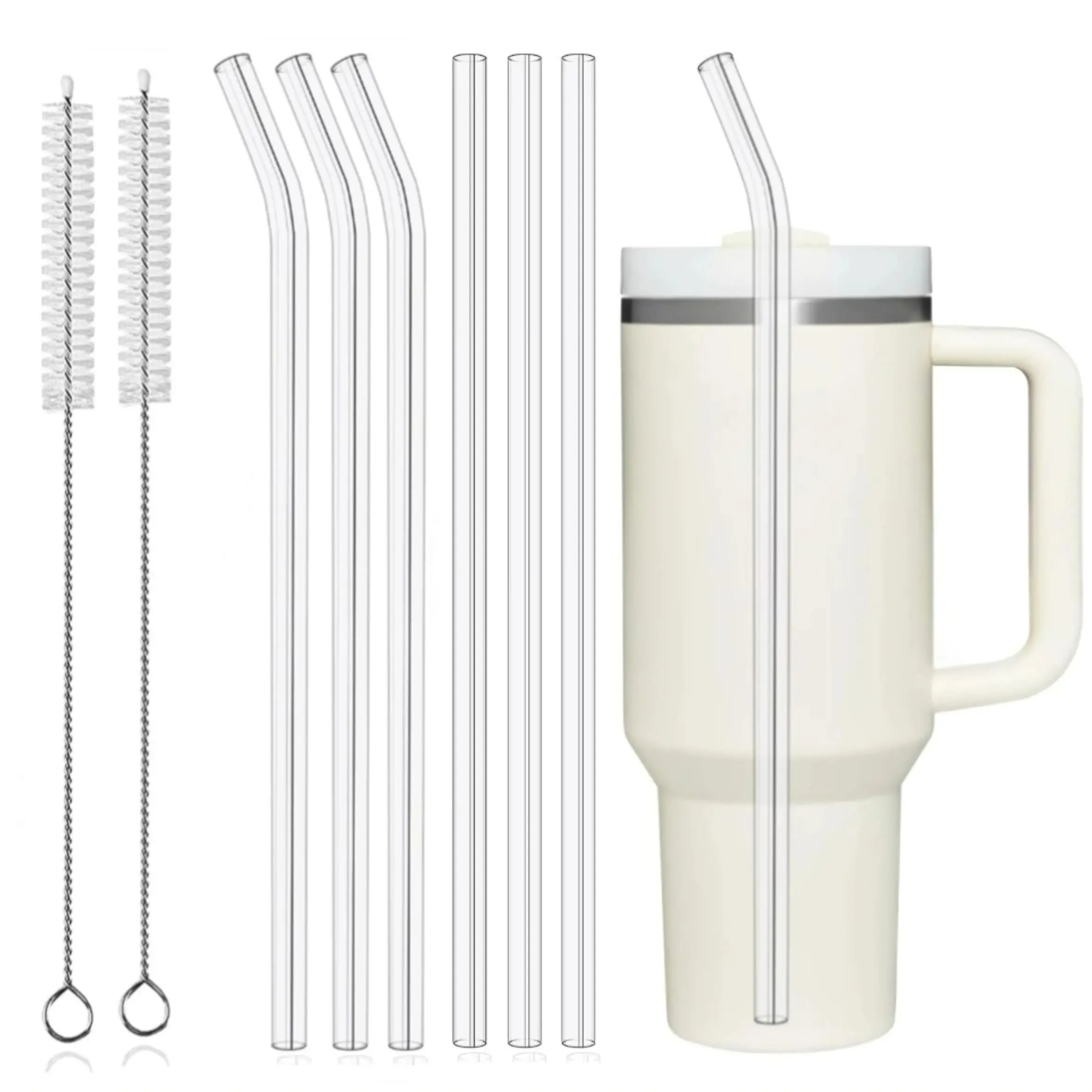 Stanley Cup Glass Straws, 6 Reusable Straws with Cleaning Brush Compatible Stanley 40oz Stanley Cup Water Bottle Accessories