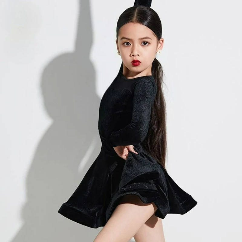 فستان رقص لاتيني أسود للفتيات بأكمام طويلة وتنورة شبكية سامبا رومبا تشا تشا للأطفال زي رقص للأداء #5