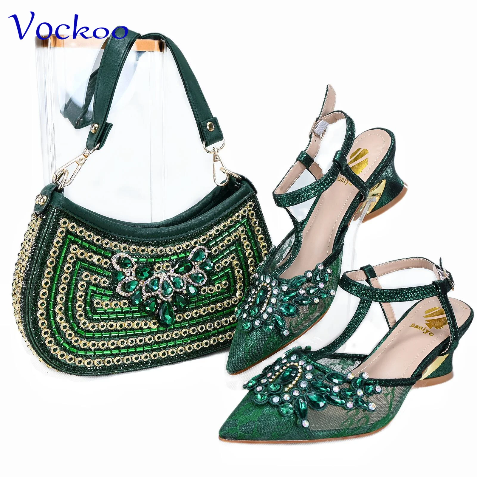 

2024 Mid Heels Good Quality Specials Italian Women Shoes and Bag to Match in Green Color Sandal for Garden Party