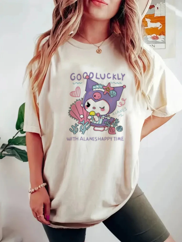 Good Luck Cat T-Shirt Colorful Punny Mushroom Shirt Vegan Tee Women Trendy Casual vintage Top